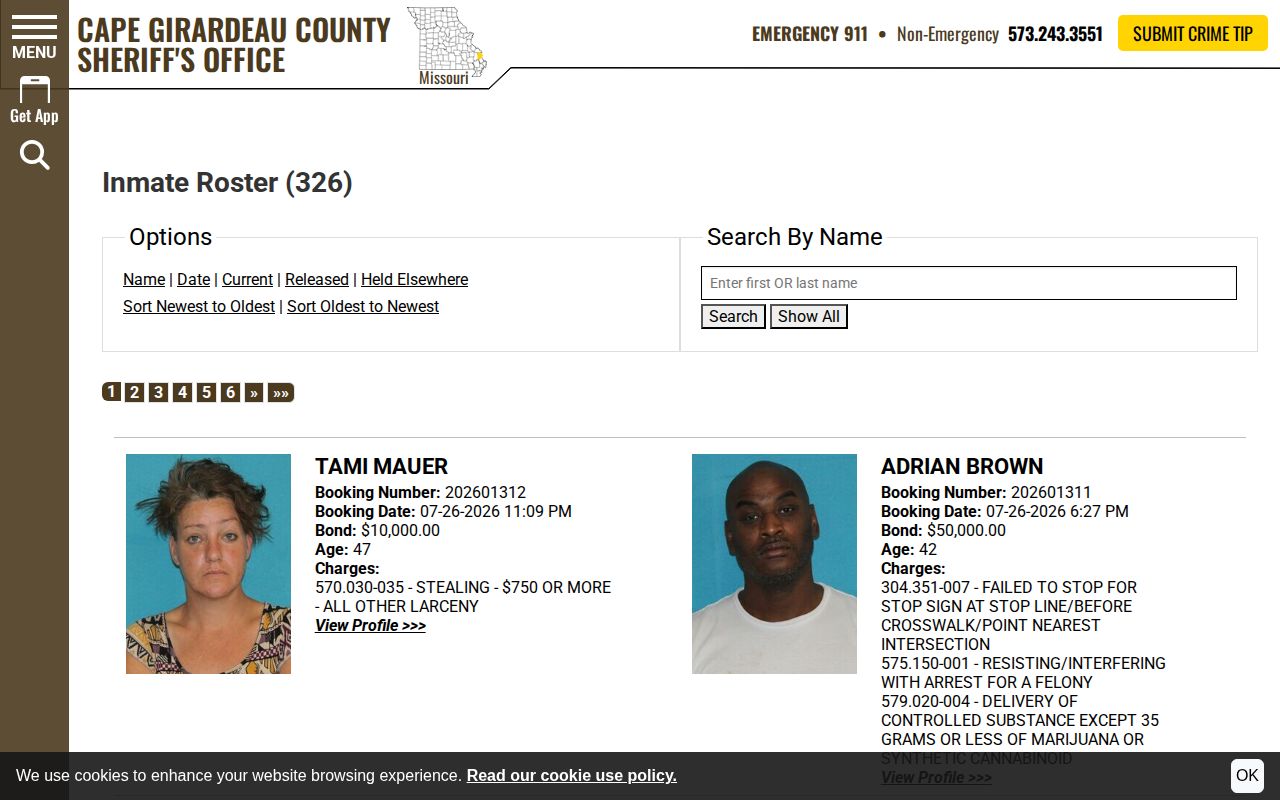 Cape Girardeau County Detention Center current custody roster versus release record