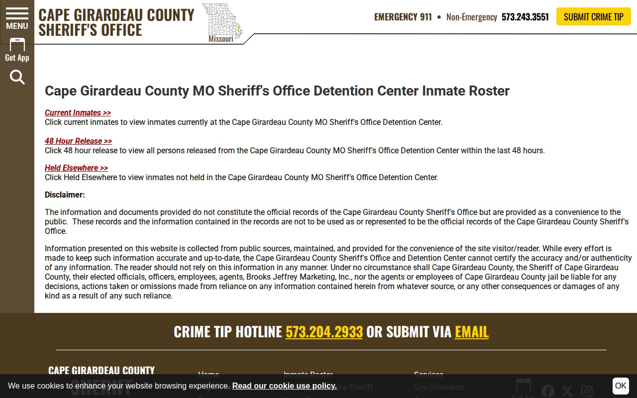 Cape Girardeau County released inmate roster choices and record notice